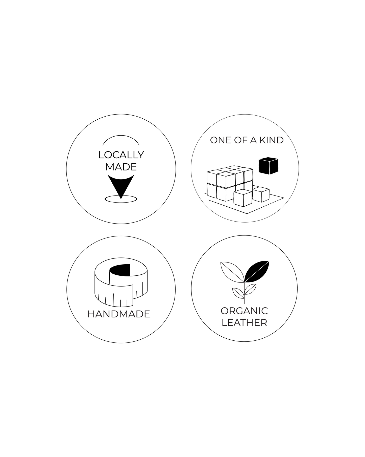Set of icons representing locally made, one of a kind, handmade, and organic leather products on a white background.
